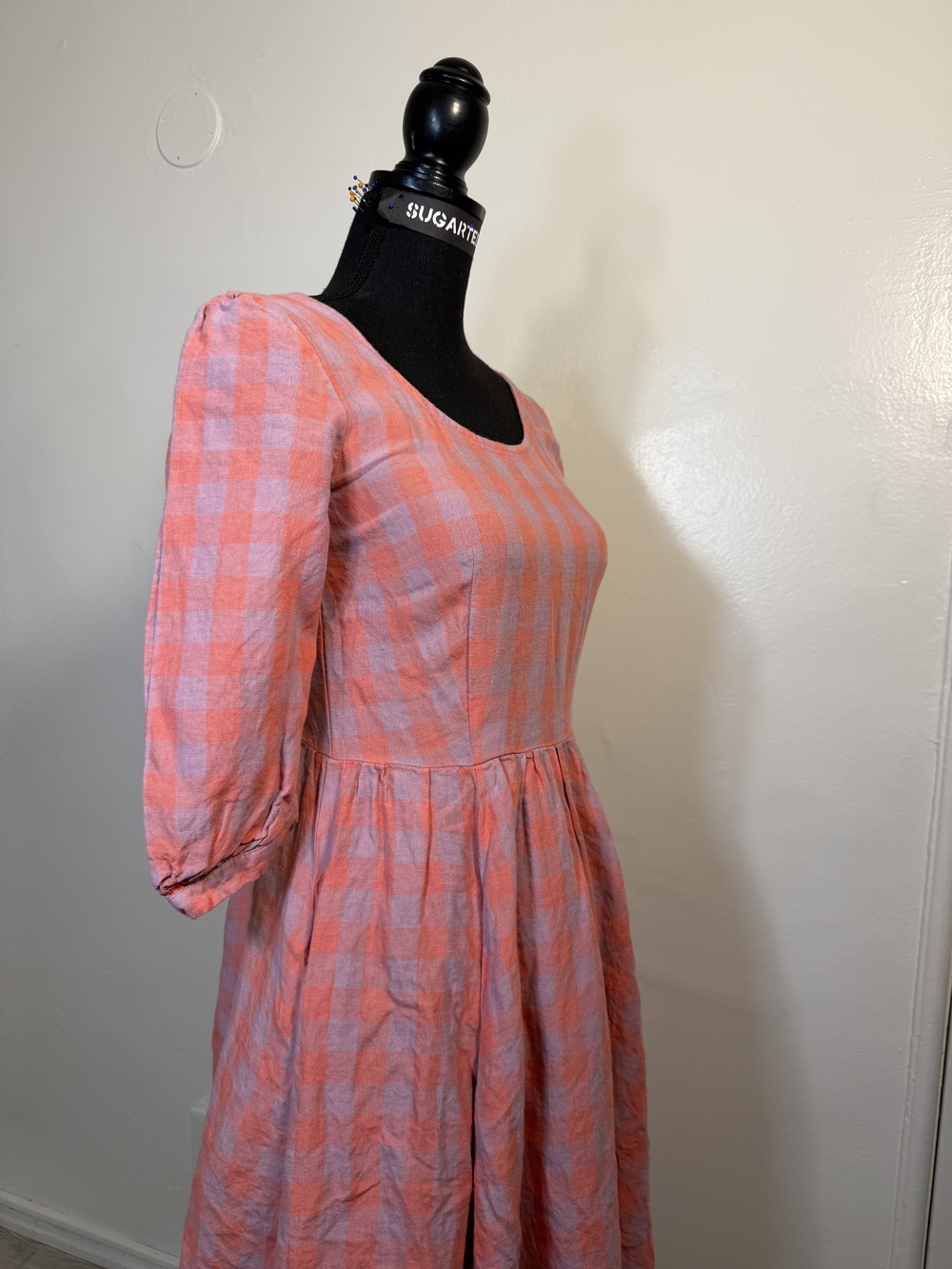 Women's Pink Gingham Check Midi Dress -3/4 Sleeved Ruffled Hem - Picture 5 of 11